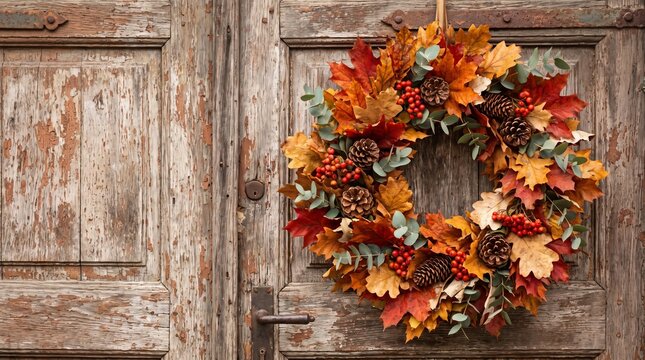 Autumn wreath made of leaves and pine cones on rustic door - Concept of Autumn - Fall Aesthetics  
