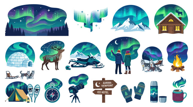 Arctic Winter Travel Flat Vector Illustrations Set with Northern Lights, Igloo, Reindeer, and Aurora Viewpoint Icons