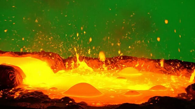 Molten lava eruption and flowing magma background, with green screen, for compositing, intense, volcanic activity and, liquid fire texture