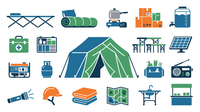 Flat Design Camping Gear Icons Set: Tent, First Aid, Solar Panel, Water Tank
