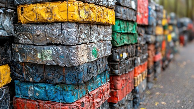 Colorful, compressed recycling cubes stacked high for processing