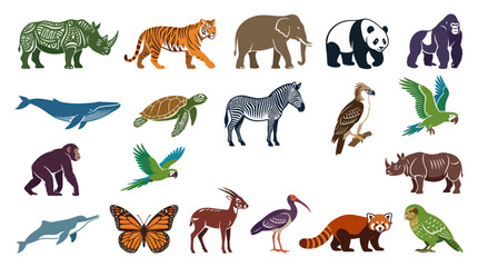 Obraz premium Diverse Exotic Animals Collection Flat Vector Icons