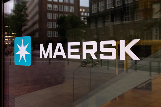 Hamburg, Germany - July 5, 2026: Maersk office logo displayed on a glass facade in Hamburg, Germany.