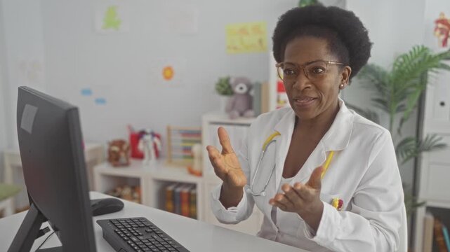 Woman doctor with stethoscope points at computer monitor and gestures with hands in clinic building; reassurance care.