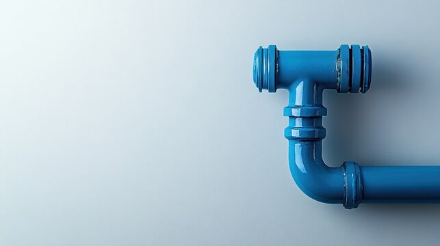 Blue plumbing fixture, a T-joint with a horizontal pipe, against a plain white wall