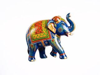 Fototapeta premium Decorative blue elephant figurine with intricate traditional hand painted floral patterns and gold accents standing on a white background representing cultural art and spiritual symbolism