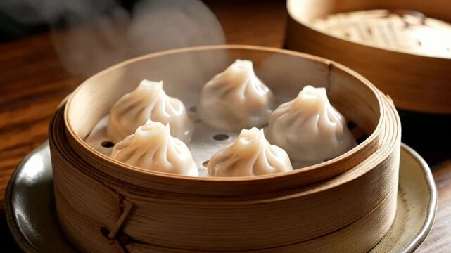 Steaming hot xiao long bao dumplings in bamboo basket, traditional asian cuisine close-up, freshly prepared dim sum for restaurant menu promotion