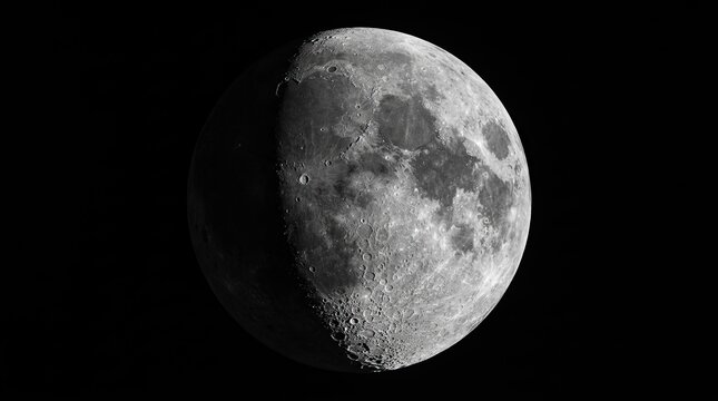 A detailed high contrast photograph of the moon in its waxing gibbous phase isolated against a black night sky