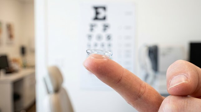 A close up view of a finger pointing at a blurry eye chart during an eye examination in a clinic