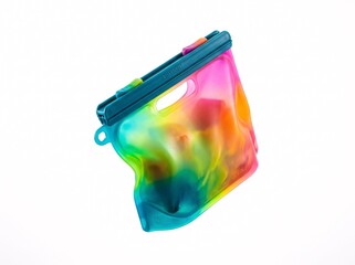 Obraz premium A reusable, eco-friendly silicone food storage bag with a vibrant tie-dye rainbow pattern and airtight seal, isolated on a white background for sustainable kitchen and lifestyle concepts.