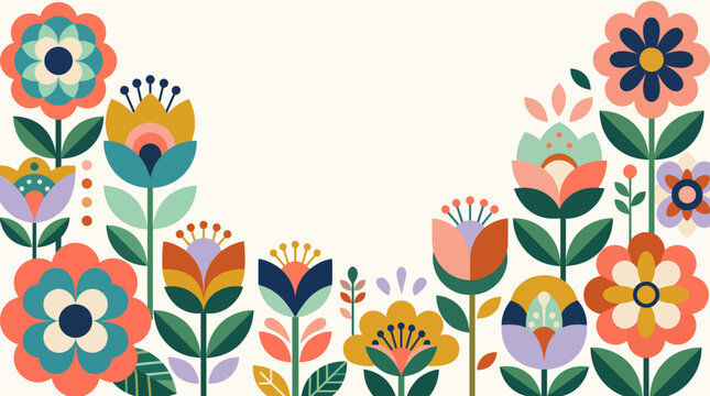 Abstract floral background with vibrant flat vector flowers in a symmetrical arrangement, featuring a clean cream backdrop and colorful botanical elements for modern design projects and spring themes.