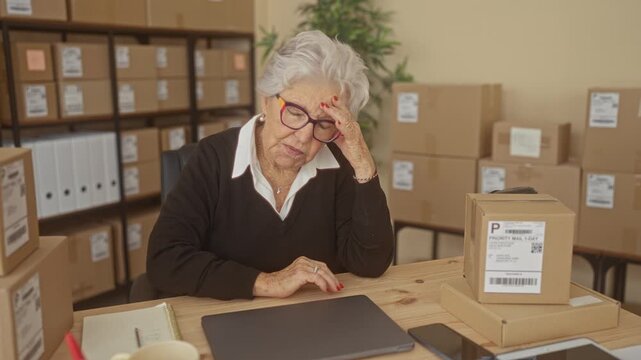 Older woman with hand on forehead beside stacked shipping boxes, laptop and notebook in a small business building; stress and resolve.