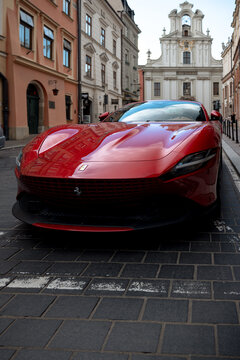 Krakow, Poland - July 19, 2026: Red Ferrari 12Cilindri parked on a street in Krakow, Poland