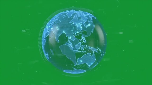 3D digital world map globe rotating slowly on a bright green screen background for chroma key compositing