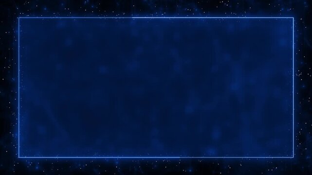 Dark blue title frame visual luminous rectangular border, scattered white particles, soft futuristic backdrop. for product promos, stream screens, digital panels, corporate motion graphic templates.