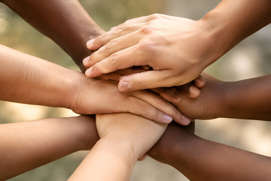 Close-up of diverse human hands stacked together as a symbol of friendship, teamwork, trust, equality, and global unity