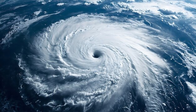 Satellite view of massive hurricane over ocean with clearly defined eye at center, tightly spiraling cloud bands and extensive outer formations, emphasizing scale and tropical cyclone structure