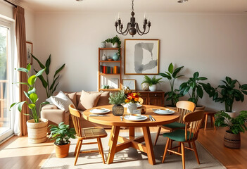 Fototapeta premium Cozy dining room and living area with a wooden table, chairs, sofa, and numerous green houseplants in natural light