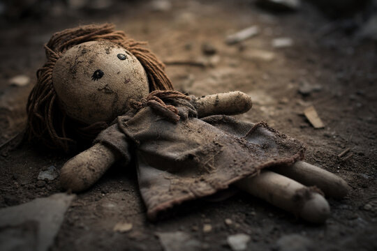A soiled cloth doll lying on the ground, showing signs of wear.