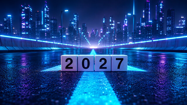 Futuristic 2027 number blocks on neon city highway at night symbolizing new year progress technology innovation journey ambition and bright future opportunities ahead
