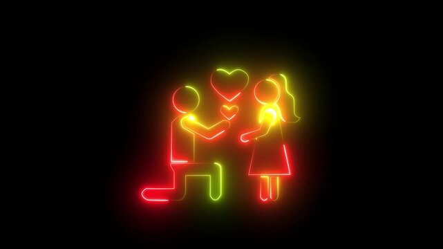 Neon Light Marriage Proposal Animation with Glowing red and orange Couple Silhouette. Animated Neon Proposal Symbol for Valentine Day Love and Romance Concept