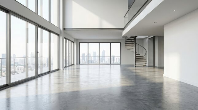 Modern empty loft apartment with spiral staircase and city view