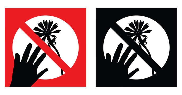 Prohibition sign icon depicting no hand touching flower graphic