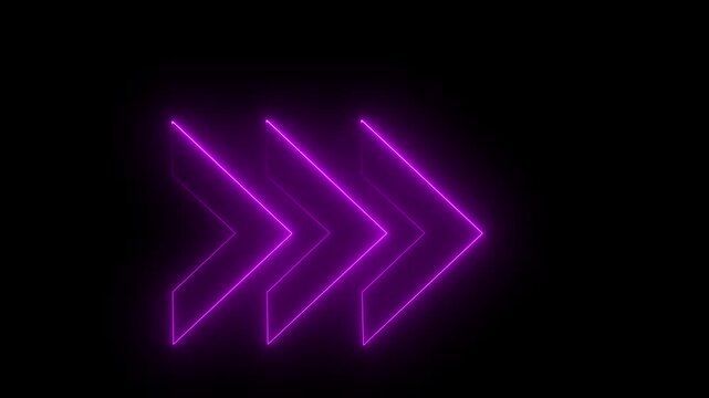 Dynamic triple chevron arrows glowing in pink neon pointing righ.Motion graphics of concept animation