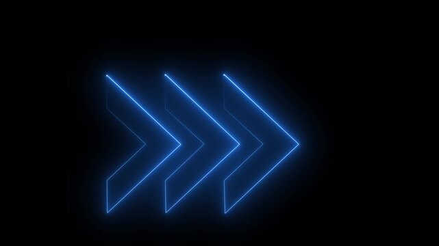 Dynamic triple chevron arrows glowing in blue neon pointing righ.Motion graphics of concept animation