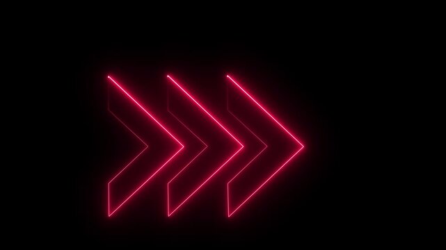 Dynamic triple chevron arrows glowing in red neon pointing righ.Motion graphics of concept animation