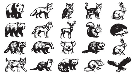 Obraz premium Set of wild animal sketches and silhouettes with wildlife squirrel hedgehog illustration