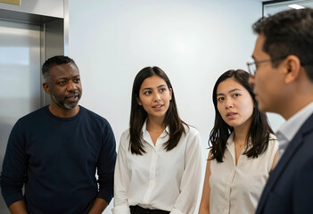 Fototapeta premium Diverse business professionals in a modern office setting, engaged in a discussion or meeting, collaboration and teamwork