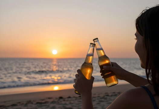 Two beer bottles clinking together in a toast at sunset on a sandy beach with ocean waves and golden light, the golden light illuminates the bottles and the water