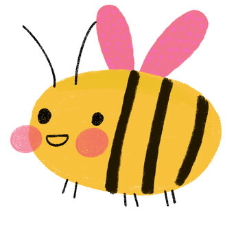 Cute hand-drawn smiling bee illustration with pink wings in a playful cartoon style, isolated on a white background. Perfect for children&rsquo;s books, nursery decor, stickers, educational materials, baby 