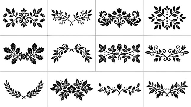 Elegant collection of hand-drawn botanical floral dividers and decorative ornaments for wedding invitations, stationery, and graphic design projects featuring leaves, flowers, and vintage flourishes