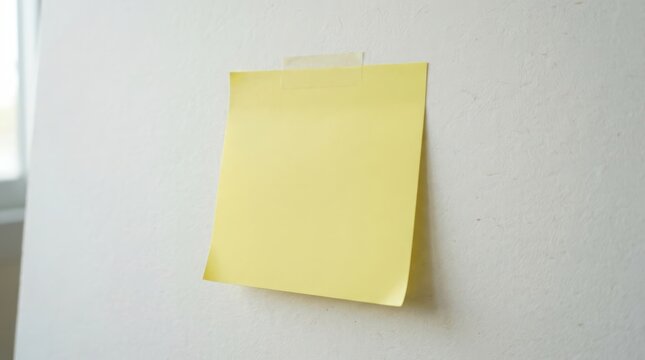 Blank yellow sticky note taped on a white wall