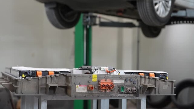 Electric vehicle battery pack workshop repair maintenance car lift, high voltage traction unit removed for inspection on service stand, exposed wiring, lithium power module on table in garage
