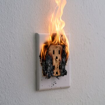 A close-up view of an electrical wall outlet engulfed in flames