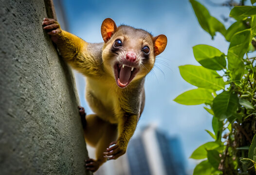 Kinkajou with open mouth and sharp teeth climbing a tree, tropical rainforest wildlife and exotic animal concept, the animals fur is brown