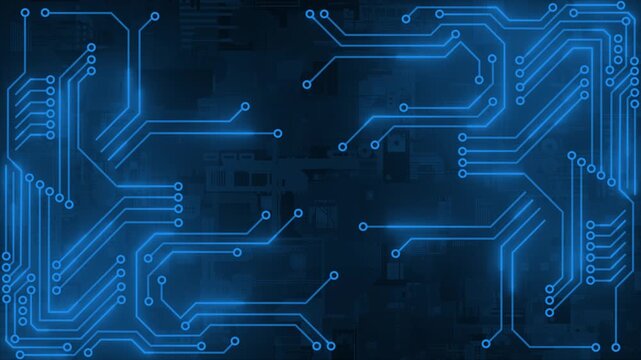 Royal blue color abstract shapes forming cyberspace glowing circuit board design digitalloop able technology background