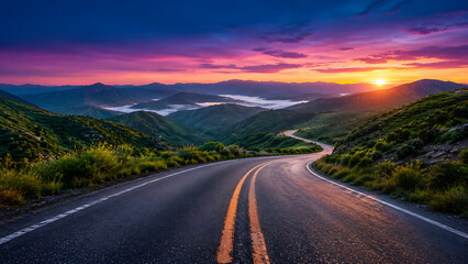 Obraz premium Winding asphalt road crosses verdant mountain valley beneath vibrant purple sunset sky offering scenic journey adventure freedom exploration and peaceful natural escape outdoors