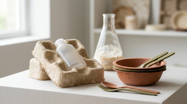 Eco-friendly biodegradable packaging made from natural fibers with reusable tableware bowls and spoons, sustainable zero waste lifestyle, organic materials for green environment