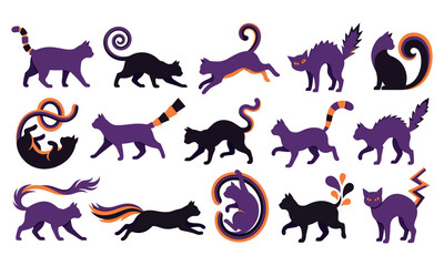 Obraz premium Stylized Halloween Cat Vector Set - Purple and Black Spooky Feline Silhouettes with Orange Tails
