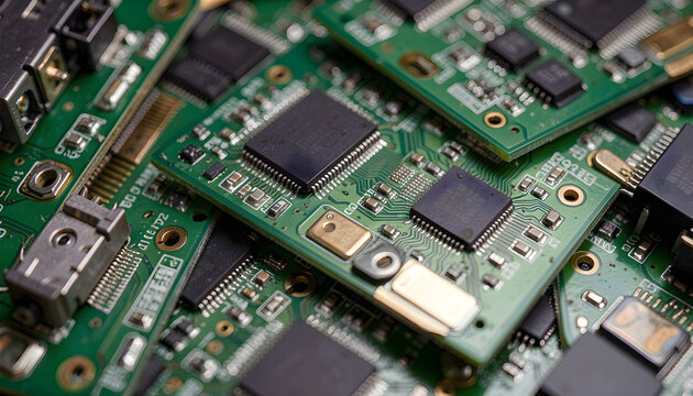 Electronic circuit boards with microchips. Computer hardware components for technology.