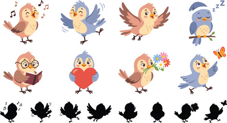 Naklejka premium Cartoon Birds in Color and Silhouette with Singing, Dancing, and Flying Poses