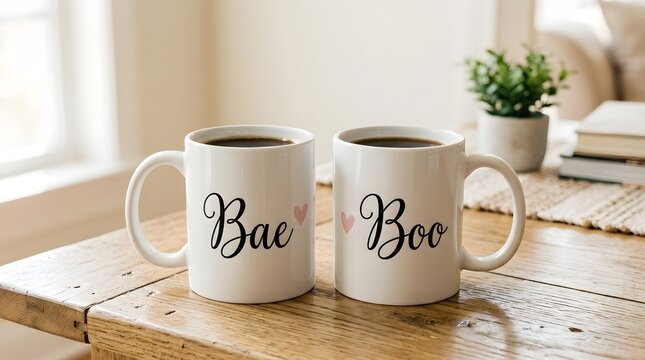Two white coffee mugs with bae and boo text and hearts on a wooden table
