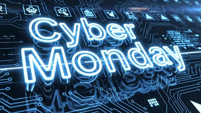 Glowing Cyber Monday text on blue circuit board