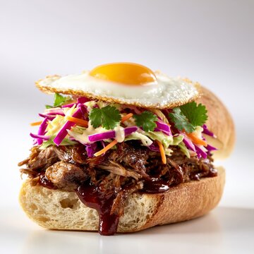 Toasted ciabatta bread half golden-brown with meat, egg and gabbage