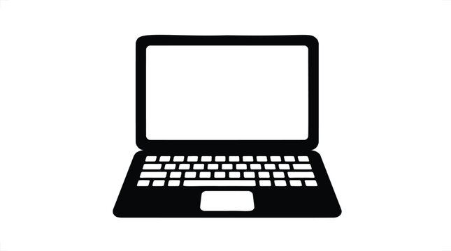 Black and white of an open laptop computer, featuring a blank screen, keyboard keys, and a trackpad on a white background