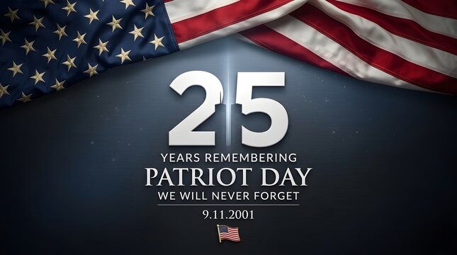 25 Years Remembering Patriot Day banner with American flag and dark remembrance theme